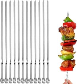 12PCS Kabob Skewers Flat Metal BBQ Barbecue Skewer 14" Long Stainless Steel Shish Kebob Sticks Wide Reusable Grilling Skewers Set for Meat Shrimp Chic (Color: Hook 0.2x14inch)