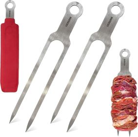 Double Skewers 14.4" Stainless Steel Heavy Duty Double Prong Skewers for BBQ Kabob Shawarma Meat Fish Chicken Accessories for Grill Master Arsenal Sto (Color: Silver and red)