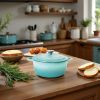 3 QT Cast Iron Dutch Oven, Enamel Coated Cookware Pot with Self Basting Lid for Home Baking, Braiser, Cooking, Aqua
